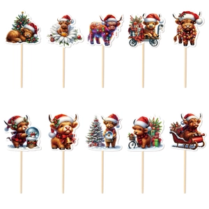 Set of 10 Christmas Highland Cow cake toppers with Santa hats and festive holiday decorations