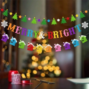 Glittery Merry & Bright Christmas banner set with trees and houses in a cozy setting