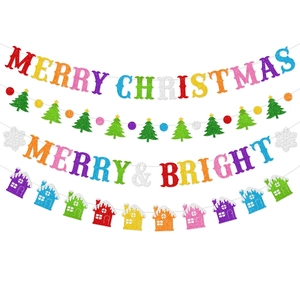 Glittery Merry Christmas banner set with colorful trees and bright house patterns