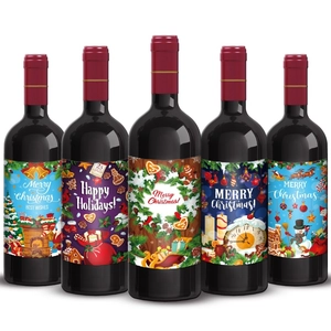Set of 5 Christmas wine bottle stickers with assorted holiday illustration labels