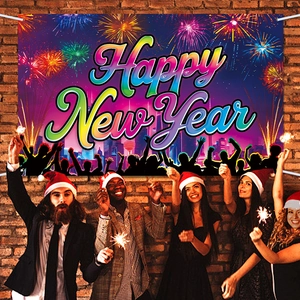 2026 Happy New Year banner with fireworks and city skyline over purple party background