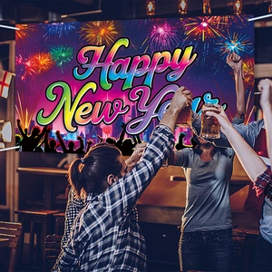 2026 New Year party backdrop banner with colorful fireworks and city skyline design