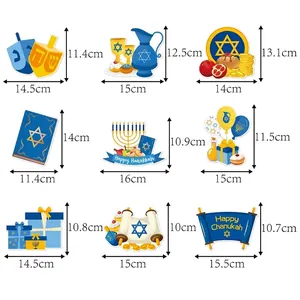 Size chart for 9 Hanukkah vase insert decorations including Menorah and Dreidel shapes