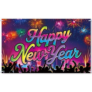 2026 Happy New Year banner backdrop with fireworks and city skyline for party photography