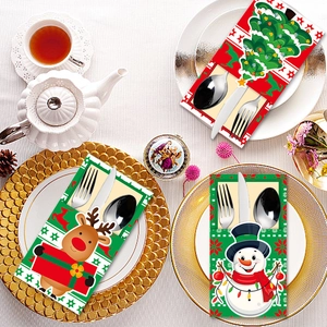 Christmas cutlery holders set with reindeer snowman and tree designs for holiday table decor