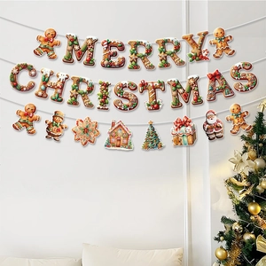 Merry Christmas gingerbread banner featuring gingerbread man and festive holiday icons