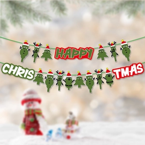 Merry Christmas banner with colorful cartoon reindeer and snowman hanging decorations
