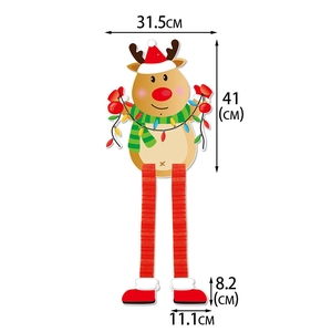 Christmas reindeer ornament with long striped legs and size labels for festive decor