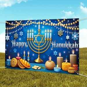Detailed Happy Hanukkah backdrop banner with Menorah and Challah for party decoration