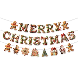 Gingerbread style Merry Christmas banner set with Santa and snowflake party decorations
