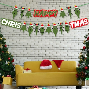 Colorful Happy Christmas banner with snowman and reindeer for holiday wall decoration