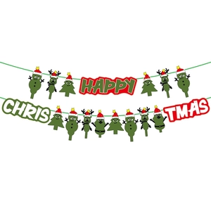 Red and green Happy Christmas banner with cartoon reindeer and snowman party decorations