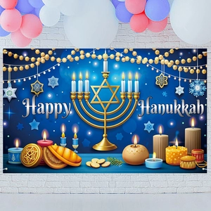 Deep blue Hanukkah backdrop with golden Menorah, Star of David and festive decorations