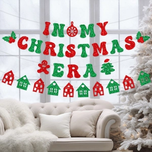 Sparkly Red and Green In My Christmas Era Banner with Festive House and Tree Decor