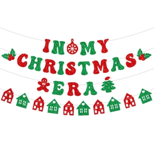 Sparkly Christmas banner In My Christmas Era with red green glitter trees and snowflakes