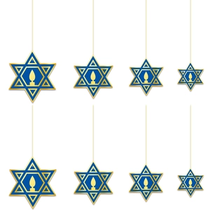 Hanukkah Star of David hanging decorations in navy blue and gold with gradient sizes