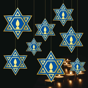 Hanukkah Star of David hanging ornaments in blue and gold for festive Jewish party decor