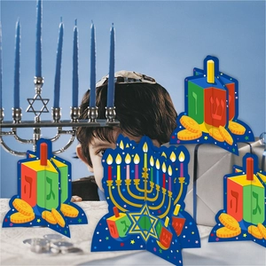 Hanukkah 3D paper table centerpiece featuring blue menorah and dreidel party decorations