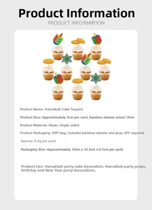 Detailed view of Hanukkah cupcake toppers including sizes, materials, and DIY glue dots