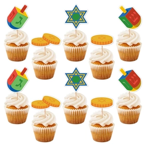 Hanukkah cupcake toppers set featuring colorful Dreidels, Stars of David and gold coins