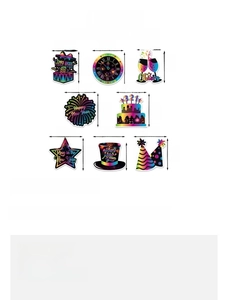 Size chart for 9 New Year party straw toppers showing various festive cardboard shapes