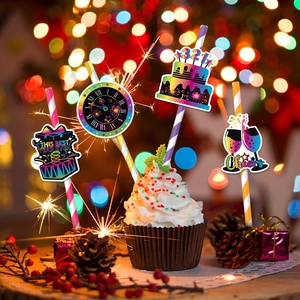 Rainbow gradient Happy New Year straw toppers with clock and cake designs for parties