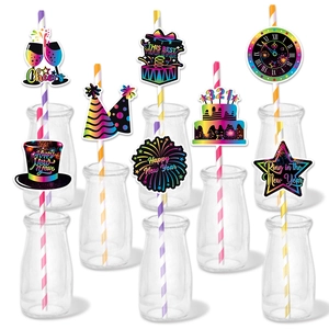 New Year Party Decoration Straws Rainbow Gradient Paper Card Toppers Cheers Clock Designs Celebration Drink Accessories