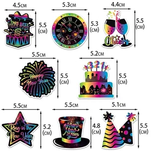 Size chart for 8 neon New Year party straw toppers including clock, cake and fireworks