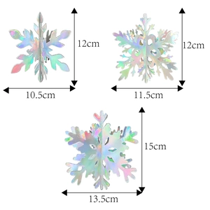 Dimensions of three iridescent laser cut snowflakes for 3D Christmas hanging decorations