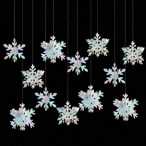 3D Holographic Snowflake Hanging Decorations Iridescent Laser Paper Hollow Ornaments For Christmas Winter Party Home Decor