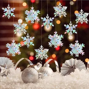 3D Iridescent Christmas snowflake hanging decorations with vibrant rainbow aurora reflections