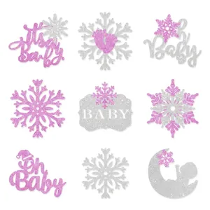 Pink and silver glitter snowflake cake toppers set for baby shower with size details