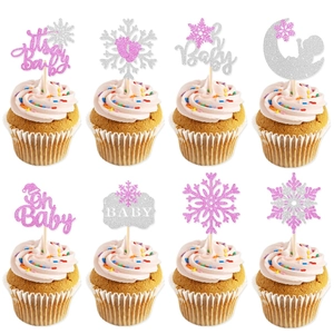 Snowflake Cake Toppers Glitter Paper Baby Shower Christmas Party Decorations Pink Silver Cupcake Inserts Birthday Party