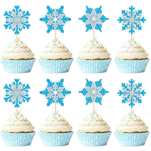 Snowflake Cupcake Toppers Glitter Paper Bamboo Sticks Winter Holiday Christmas Birthday Party Dessert Decorations