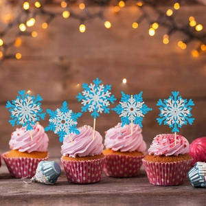 Blue and silver glitter snowflake cake toppers set for winter Christmas party decoration