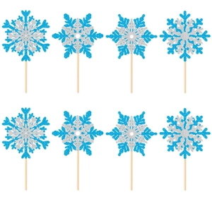Set of 8 glitter blue and silver snowflake cake toppers with wooden sticks for winter party