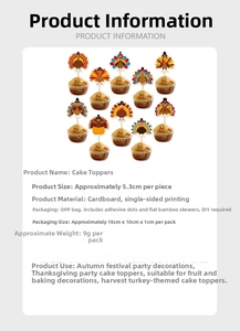 Detail showing Thanksgiving cake toppers size specifications and DIY assembly instructions