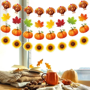Thanksgiving banner with turkey, pumpkin, and maple leaves for autumn party decoration