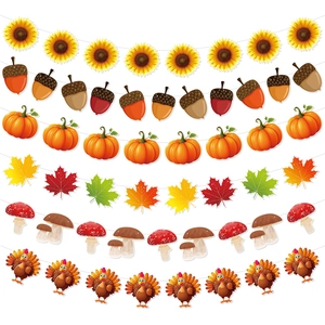 Thanksgiving Banner Fall Harvest Party Decoration Paper Pumpkin Maple Leaf Turkey Sunflower Mushroom Pinecone Bunting Garland