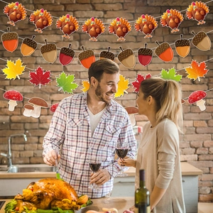 Thanksgiving party banner featuring turkey, acorns and maple leaves in a cozy dining setting