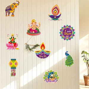 9-piece Diwali wall sticker set featuring colorful Ganesha and Diya patterns for home decor