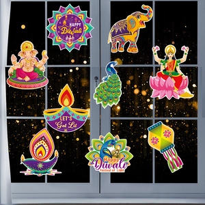 Happy Diwali Party Decorations Paper Wall Stickers Ganesha Lakshmi Elephant Peacock Diya Cutouts Window Decor 9 Pieces