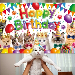 Cat birthday party background banner featuring colorful balloons and kittens