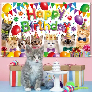 Cat birthday party background banner featuring festive balloons and colorful crown graphics