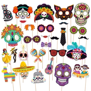 Mexican Day Of The Dead Photo Booth Props Cardboard Sugar Skull Mask Glasses Mustache Fun DIY Decoration