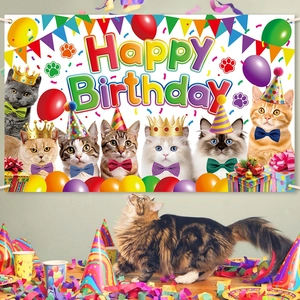 Cat themed happy birthday party backdrop with cute kittens for festive pet decoration