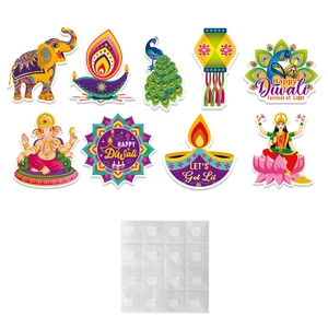 Diwali wall stickers set with Ganesha, Lakshmi, peacocks, and oil lamp decorations