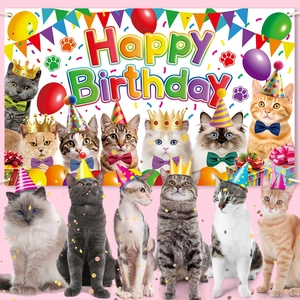 Detail of colorful cat birthday backdrop with balloons, gifts and Happy Birthday text