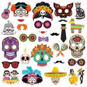 Day of the Dead photo booth props kit with sugar skull masks and Mexican party elements
