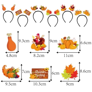 6-pack Thanksgiving headbands with turkey and pumpkin designs and size details